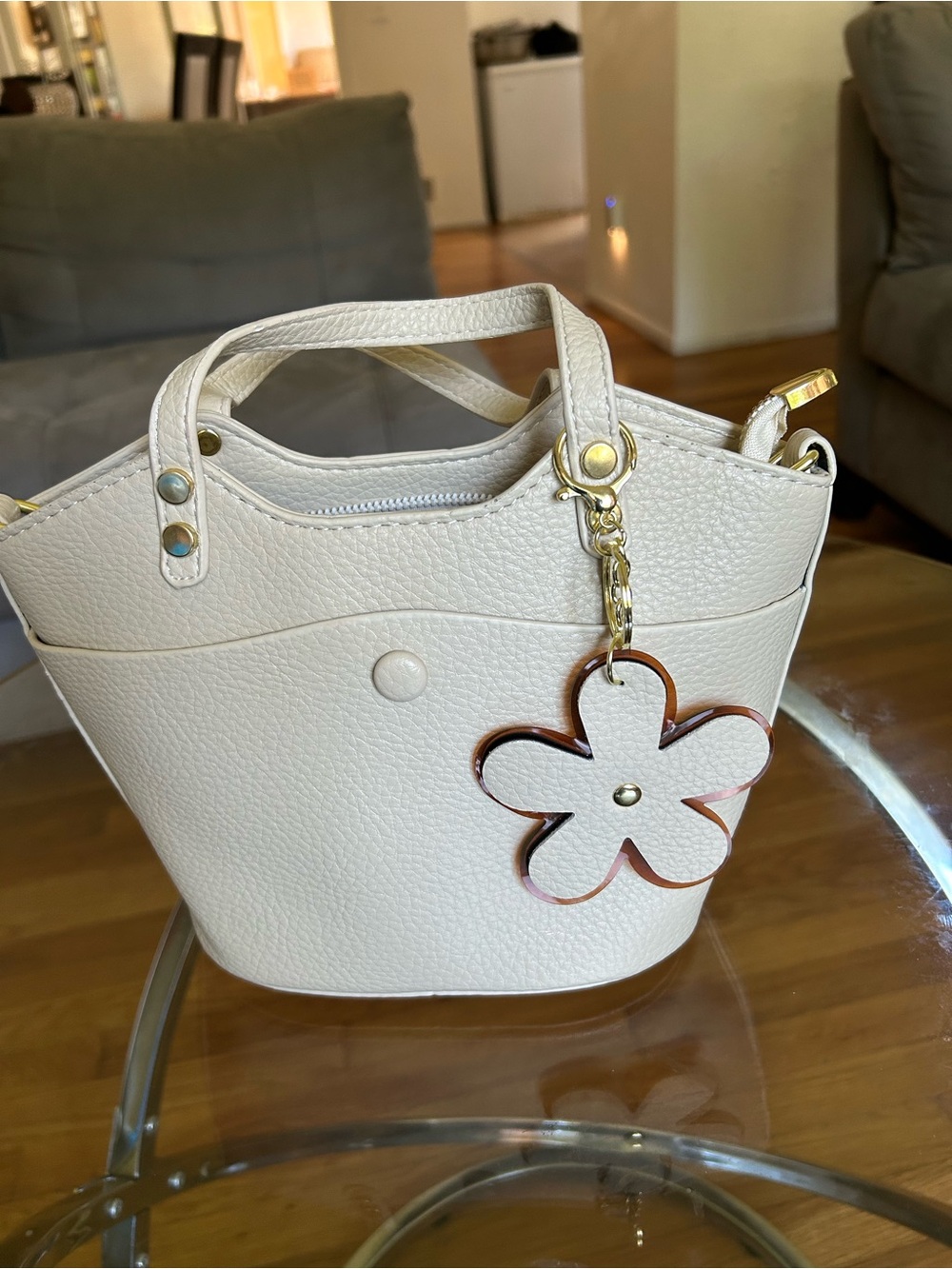 Mini Cream Pebbled Leather Crossbody with Flower Charm
